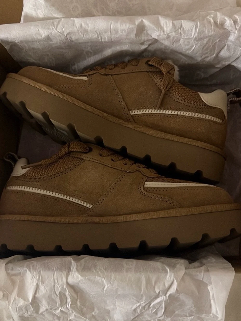 UGG Chestnut Brown Platform Lace-Up Sneakers with Shearling Trim
